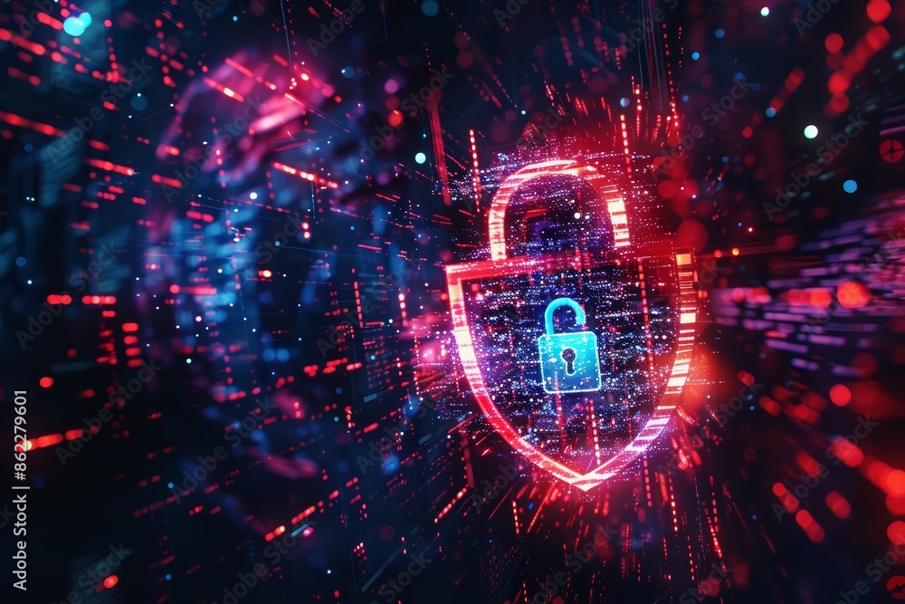 Poster a surreal digital security scene where a glowing padlock floats above a complex circuit board