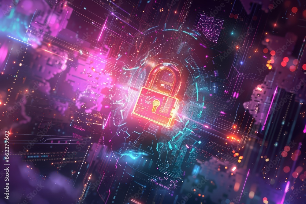 Aufkleber a surreal digital security scene where a glowing padlock floats above a complex circuit board