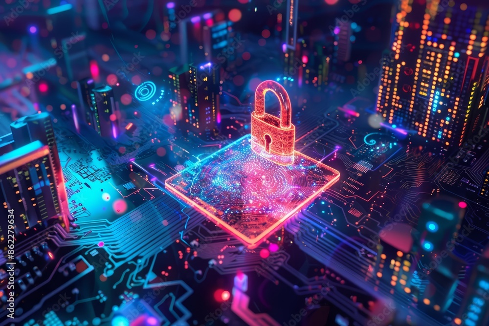 Poster a surreal digital security scene where a glowing padlock floats above a complex circuit board