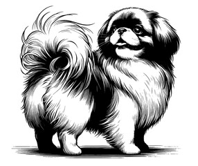 Hand drawn Cute Pekignese in full-body, vector sketch isolated on white background.	