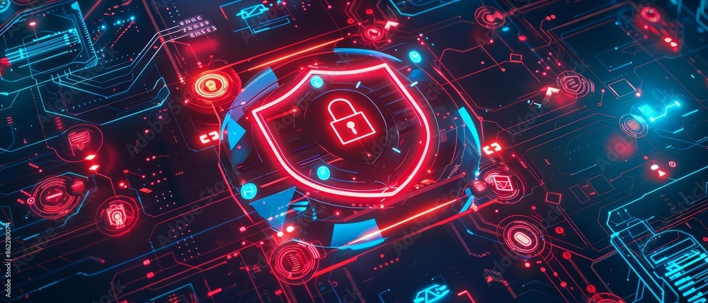 Poster a top view of a digital security setup featuring a glowing padlock on a detailed circuit board