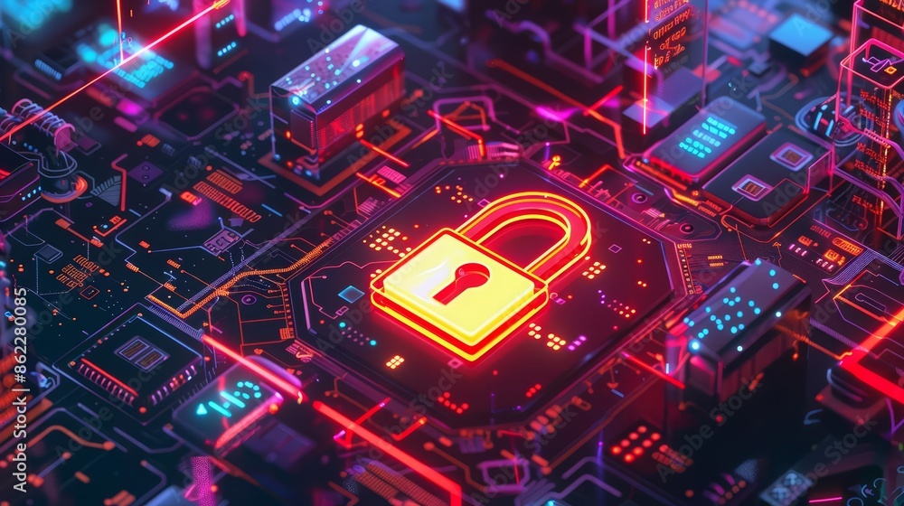 Aufkleber a top view of a digital security setup featuring a glowing padlock on a detailed circuit board
