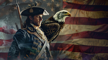 illustration of an American Continental soldier, American flag with a bald eagle in the background, independence day