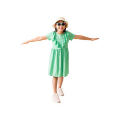 Happy smiling asian little girl were hat and sunglasses radiating happiness and freedom, Full body isolated on white background