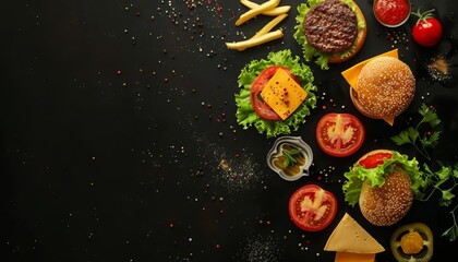 A top view of a deconstructed burger with ingredients like lettuce