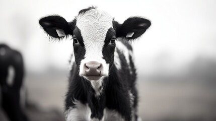 a black and white baby cow in a farm in dark light.