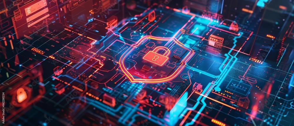 Poster a top view of a digital security setup featuring a glowing padlock on a detailed circuit board