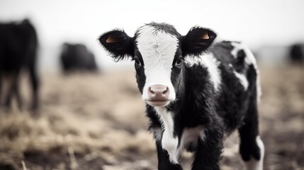 Baby Cow is black and white  in a farm.