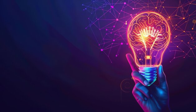 A top view of a hand holding a lightbulb with a brain inside