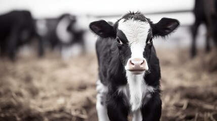 Focus, a black and white baby cow in a farm.