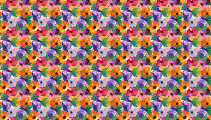 A simple flower pattern with vibrant colors, featuring an oil painting, one purple vase and another blue