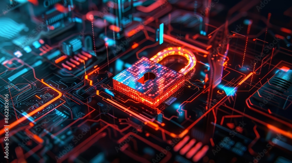 Poster an illustration of digital security featuring a stylized padlock on a circuit board with intricate d
