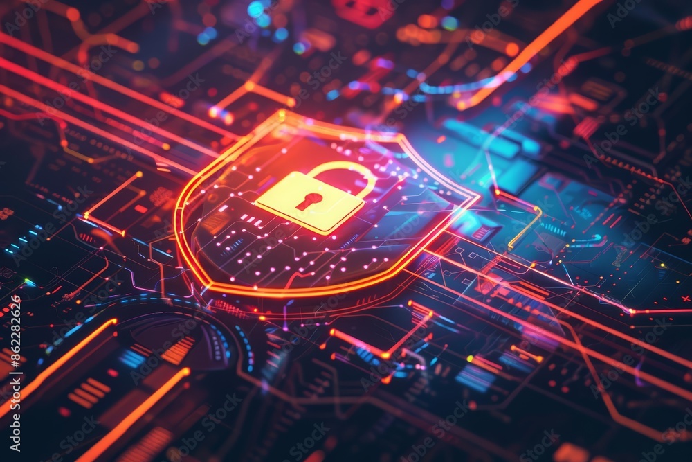 Poster an illustration of digital security featuring a stylized padlock on a circuit board with intricate d