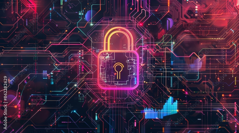 Poster an illustration of digital security featuring a stylized padlock on a circuit board with intricate d