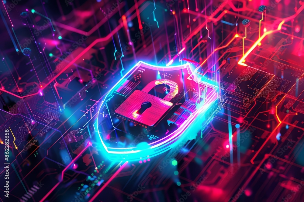 Poster an illustration of digital security featuring a stylized padlock on a circuit board with intricate d