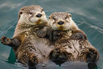 Two otters floating on their backs, holding paws to stay together, capturing their playful and loving bond in the water 