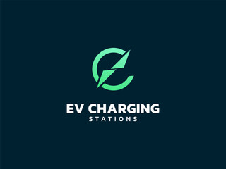 Electric vehicle charging with letter e lightning bolt symbol overlapping circle logo vector design concept. EV charging logotype symbol for Electric Car, EV station, ui, business, infographic, tech.