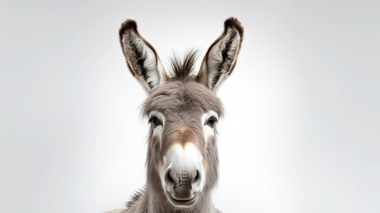 Fototapeta premium Close-up of donkey facing camera on grey background.