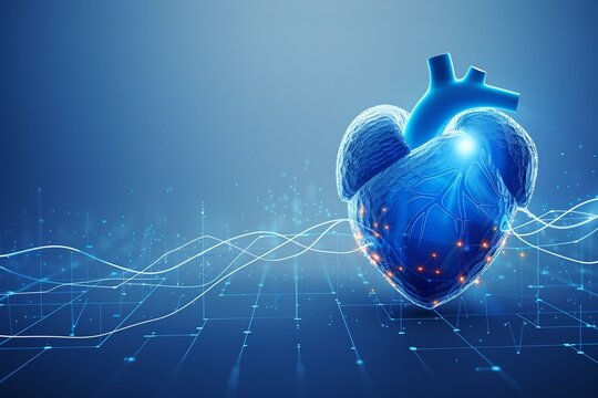 Virtual heart model with cardiograph line medical banner
