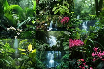 A collage of lush rainforests, featuring dense vegetation, exotic flowers, and cascading waterfalls, each image emphasizing the richness and diversity of tropical ecosystems.