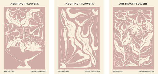 Set of 3 abstract floral posters.Floral botanical vector illustration in beige color. Modern poster and background in trendy naive retro hippie 60's 70's retro style. 