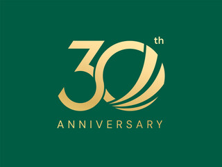 30th Anniversary luxury gold celebration with curved shapes overlapping number "0" logo typography vector design twisted infinity concept. Thirty years anniversary gold template for celebration event.