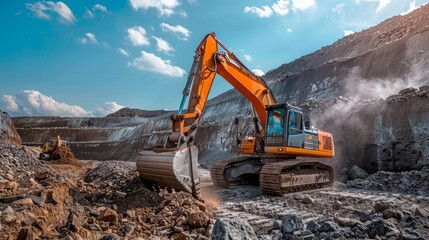 Industrial Might: Excavator Digging Soil and Loading Trucks at Construction Site