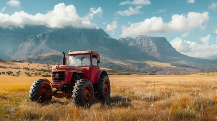 Obraz premium The fresh, green landscape of the farm with its natural outdoor setting and wooden table showcasing garden products against a backdrop of nature's sky is a picturesque scene.