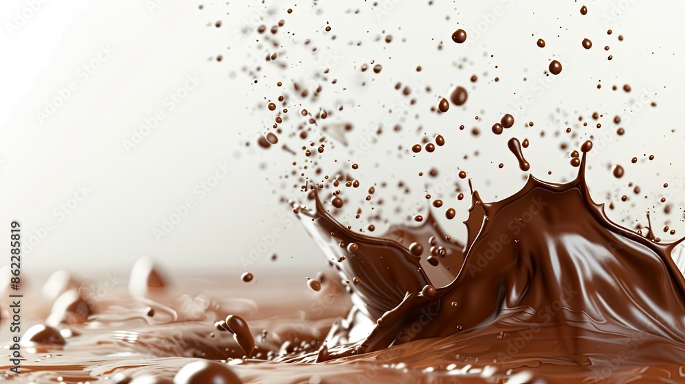 Poster chocolate milk splash creating an arc of droplets, isolated view