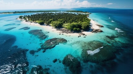 Aerial View of a Tropical Island with Lush Greenery and Crystal Clear Waters Surrounded by Coral Reefs and White Sandy Beaches