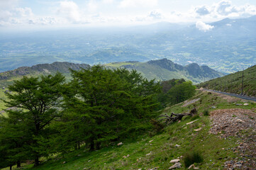 Travelling by old wooden train up to Larrun or La Rhune, Larhune mountain at the western end of the Pyrenees located on border of France and Spain, in traditional Basque provinces Labourd and Navarra