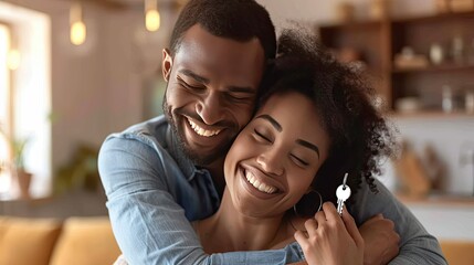 Fototapeta premium Couple celebrating their property investment, hugging with keys to their new house in hand