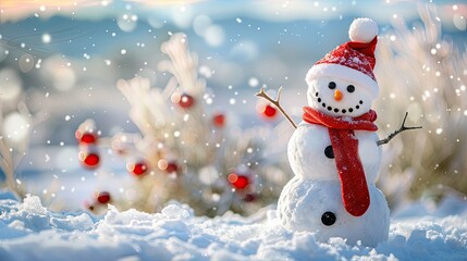 Fototapeta premium Happy snowman standing in christmas landscape. Snow background with copy space