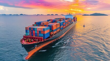 Naklejka premium Large cargo ship with colorful containers sailing through calm ocean waters at sunset. 