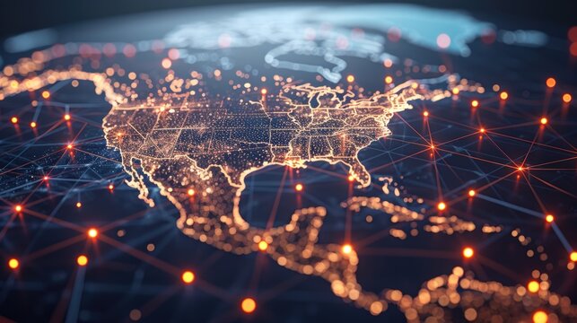 Detailed digital map of North America with glowing network points and lines representing technology infrastructure.
 - Powered by Adobe