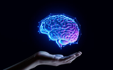 Hand Holding Human Brain - Futuristic Concept of Intelligence, science and mind