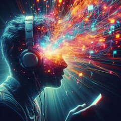 someone is listening to music with a headset. A stream of tones emerged from the headset. colorful. cinematic style