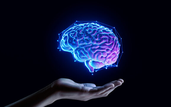 Hand Holding Human Brain - Futuristic Concept of Intelligence, science and mind
