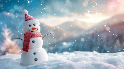 Obraz premium Happy snowman standing in christmas landscape. Snow background with copy space