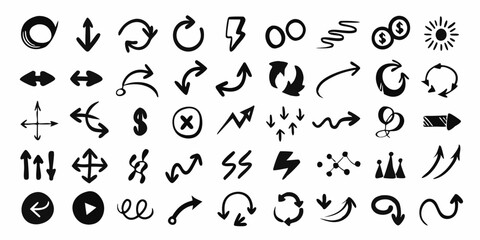 Naklejka premium A Set of 60 pcs Doodle lines, Arrows, circles and curves vector. hand drawn design elements isolated on white background for infographic. vector illustration black Silhouette Design