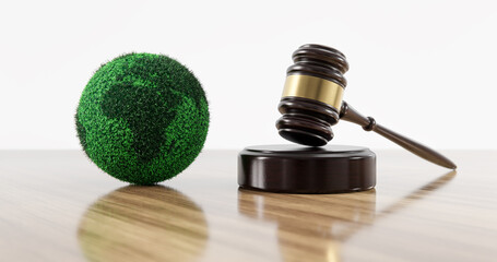 Environment Law. Green Globe World and gavel hammer. Environmental protection and eco-friendly legislation law. Save Earth. ESG concept