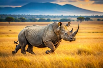 Obraz premium black rhino run on savanna meadow field