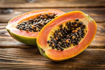papaya fruit slice with black seeds on table