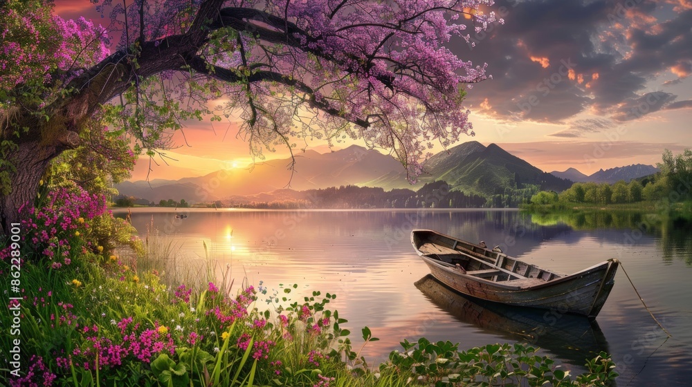 Poster a boat is sitting in a lake with a tree in the background. generate ai image