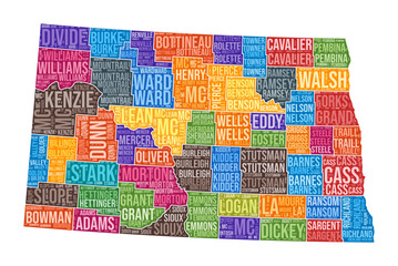 North Dakota shape. State word cloud with county division. North Dakota colored illustration. County names cloud. Vector illustration.