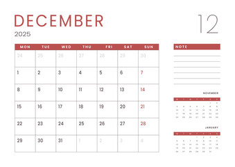 Monthly page Calendar Planner Templates of December 2025. Vector layout of simple calendar with week start Monday for print. Page for size A4 or 21x29.7 cm