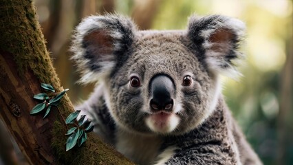 Fototapeta premium Close-up portrait of a koala in a tree in a natural environment, blurred background