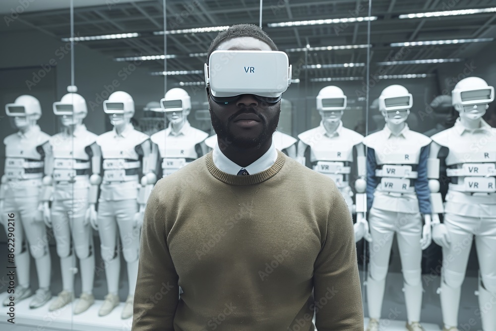 Poster man using vr headset in futuristic exhibition hall with robots