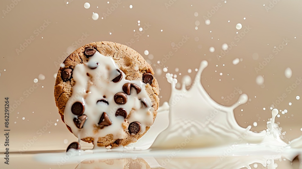 Poster milk splashing upwards as cookie falls, isolated with clean background