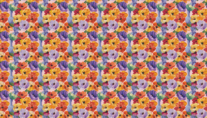 A simple flower pattern with vibrant colors, featuring an oil painting, one purple vase and another blue